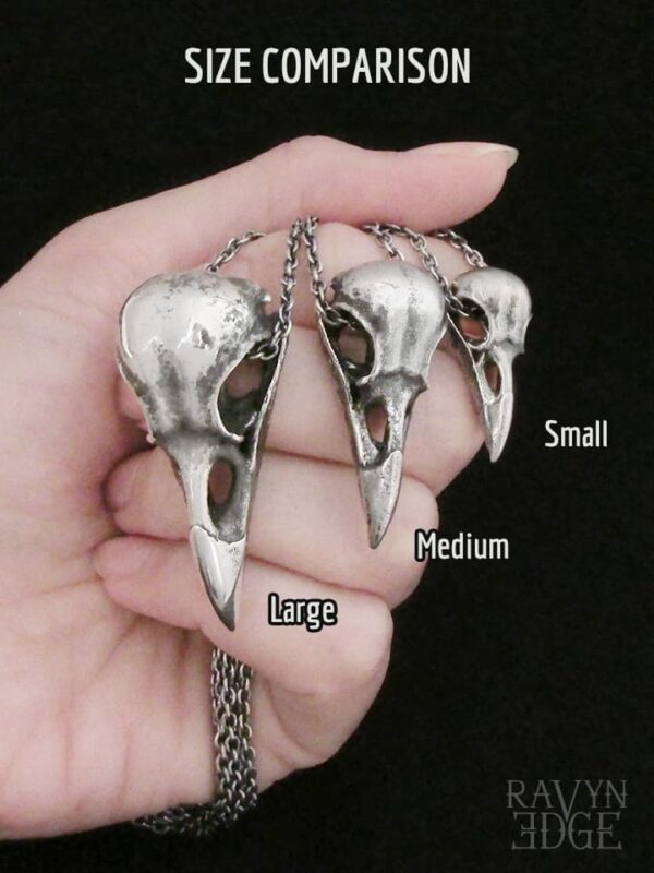 Size comparison of small medium and large raven skull necklaces
