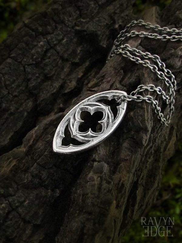 Sterling silver quatrefoil pendant necklace, gothic architecture jewelry