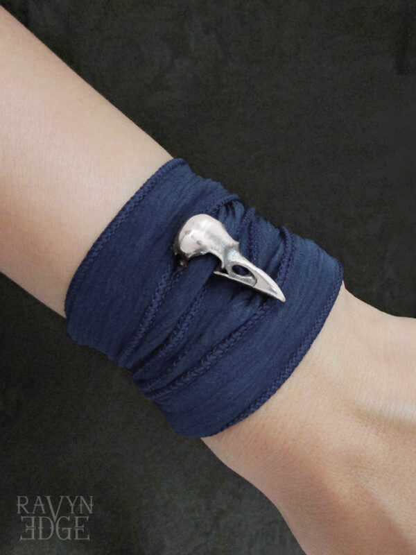 Navy blue silk wrap bracelet with silver raven skull