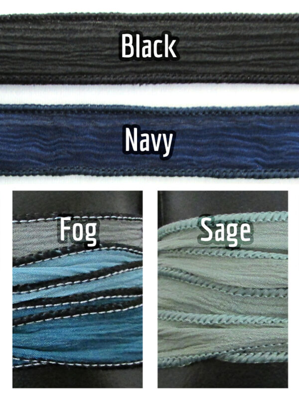 Silk wrap bracelet color swatches showing black, navy, fog, and sage