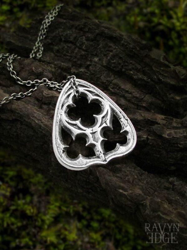 Ouija planchette necklace, gothic architecture inspired jewelry