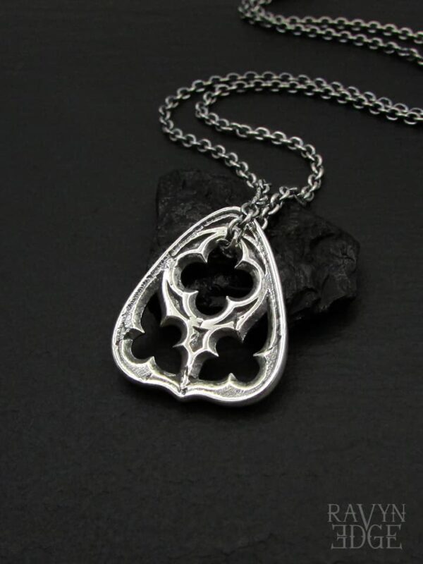 Sterling silver planchette jewelry, quatrefoil window necklace