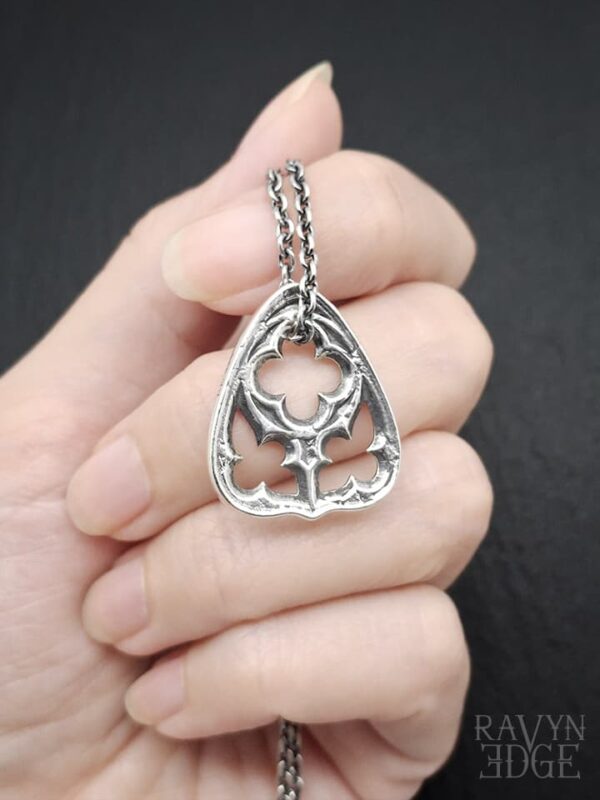 Ouija planchette necklace, gothic architecture inspired jewelry